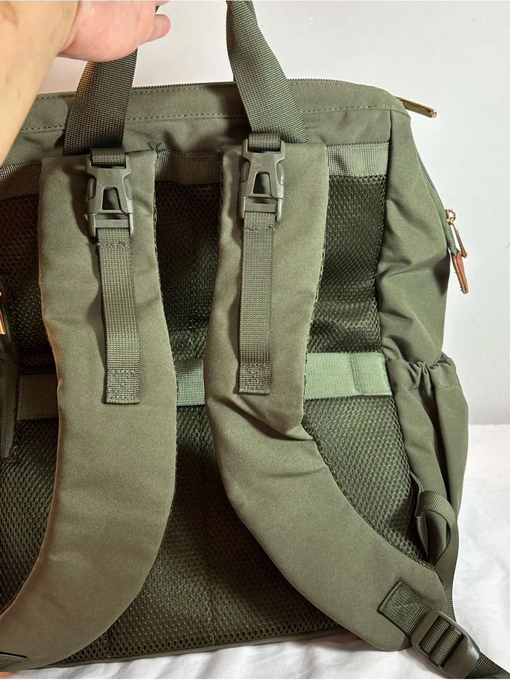 Mommore Brand Olive Green Canvas Travel Backpack with Brown Trim